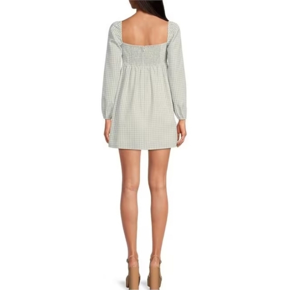 Gianni Bini Gingham Smocked Mini Dress Size 4 Green White Puff Sleeve Cottagecor - Picture 2 of 10